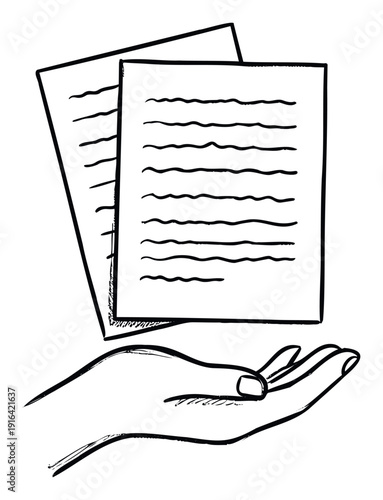 A human hand gently presenting two sheets of paper with handwritten lines, symbolizing important information, contracts, or educational materials for various applications and presentations.