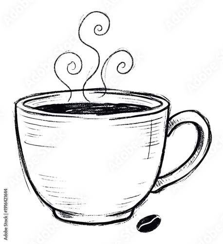 Handdrawn sketchy black and white coffee cup with steam and a single bean perfect for cafe menus food blogs or morning beverage themes