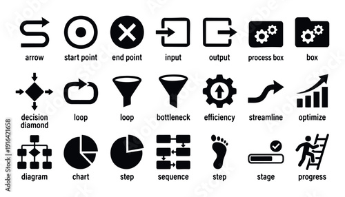 A comprehensive collection of business process icons and workflow symbols, ideal for illustrating management strategies, data flow, efficiency improvements, and project progress in