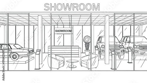 Glass-walled car showroom with three displayed vehicles. Modern seating and a potted plant create a welcoming atmosphere. Bright, professional tone.