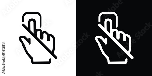 Hand cursor with a diagonal strike-through line. "No clicking" or "disabled interaction" icon. Vector symbol for restricted access, non-clickable elements, or touch prohibition.
