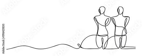 Minimalist continuous line drawing depicting two abstract human figures symbolizing connection and unity, perfect for modern graphic resources, contemporary branding, and elegant marketing