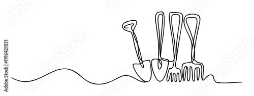Minimalist continuous line drawing depicting essential gardening tools like a shovel and two hand forks ideal for advertisements promoting planting, landscaping, and home garden activities