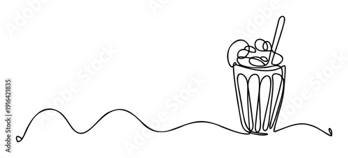 Minimalist continuous line drawing depicting a sweet milkshake with whipped cream and a spoon in a glass, perfect for menu designs, food blogs, or beverage promotions.