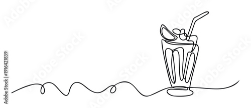 Minimalist continuous line drawing of a delicious cold beverage served in a tall glass with a straw and topping perfect for refreshing drink menus and summer refreshment promotions