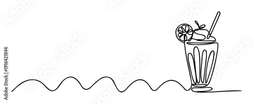 A continuous line drawing of a refreshing milkshake in a tall glass with whipped cream and a lemon slice, perfect for beverage menus, food blogs, or cafe promotions.