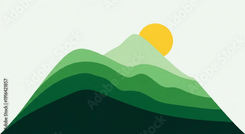 Serene mountain landscape with vibrant green hues at sunrise