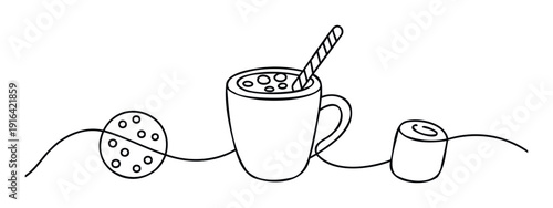 Minimalist continuous line drawing of a warm mug with a striped straw and fluffy marshmallows next to a delicious cookie, perfect for cozy winter snack time promotions and cafe menu designs.