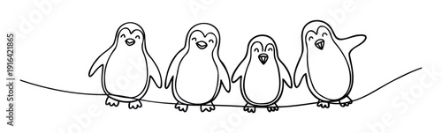 Four cute happy penguins standing on a line in a simple sketch style, perfect for childrens books, educational materials, or winter holiday greetings.