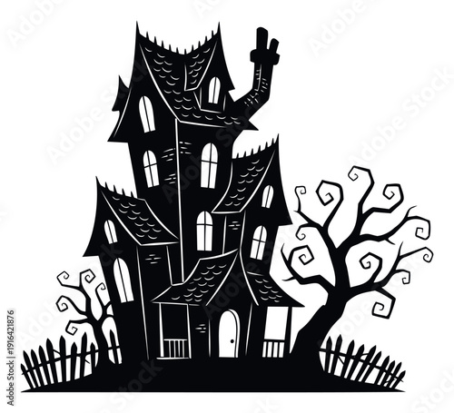 Spooky haunted house silhouette with gnarled trees and a broken picket fence is perfect for Halloween decorations, eerie invitations, or ghostly party themes