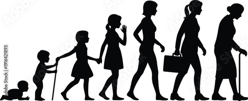Woman aging life cycle silhouette showing growth stages from baby childhood adulthood career motherhood senior old age concept illustration