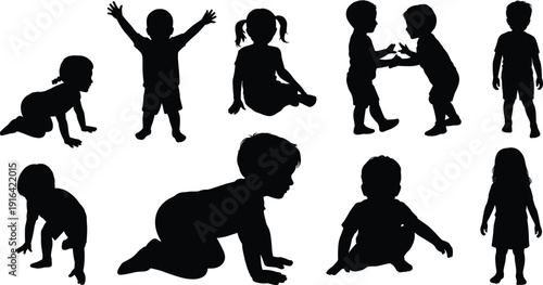 Children silhouette collection showing baby toddler kid activities playing crawling jumping interaction childhood development isolated on white background illustration