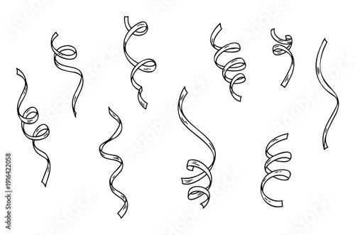 A collection of various hand drawn curly ribbons and festive streamers perfect for holiday celebrations birthday parties and special event invitations