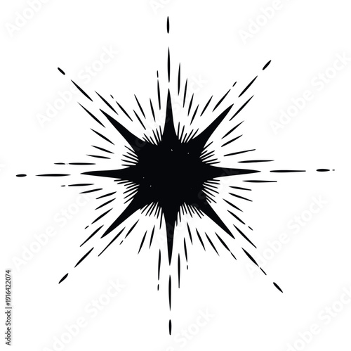 Dynamic black starburst graphic featuring sharp rays exploding from a central point, perfect for adding emphasis or a sudden impact visual to various creative projects and marketing