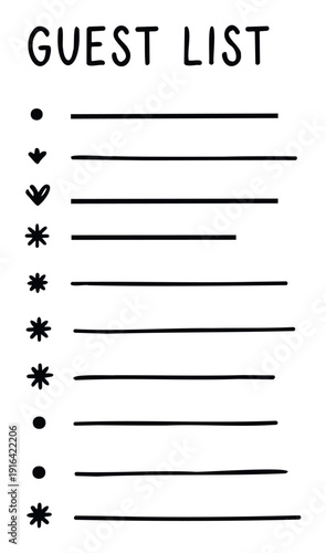 A versatile hand drawn black and white guest list template featuring various bullet points and lines, perfect for event planning, wedding preparations, or party organization