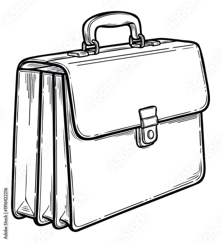 Classic leather briefcase line drawing ideal for depicting professional themes, corporate imagery, education supplies, and formal accessory needs in various communication materials.
