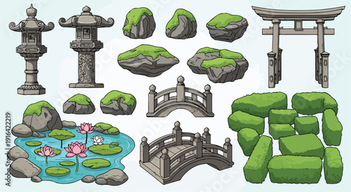 Vector illustration set of traditional Japanese garden elements including stone lanterns, mossy rocks, arched bridges, a torii gate, and a lotus pond, isolated on a light blue background.