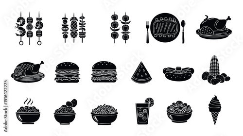 Collection of barbecue and picnic food icons featuring grilled meats fresh produce and refreshing drinks perfect for summer menu designs and digital graphic assets