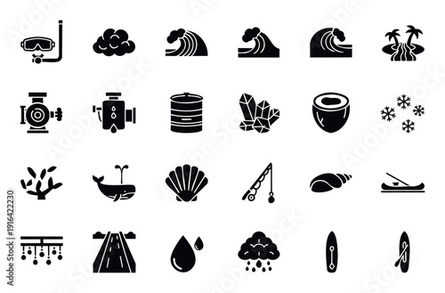 Versatile glyph collection featuring water sports equipment, marine animals, weather conditions, and natural elements for aquatic themed applications and graphic design projects.