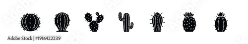 Collection of diverse cactus glyphs and succulent plant symbols perfect for desert themes, natureinspired decor, or simple web and print graphic applications