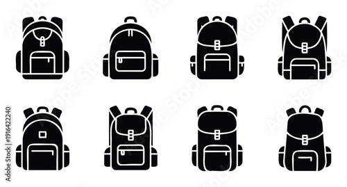 A collection of various minimalist black silhouette backpack icons perfect for travel applications, school supplies, outdoor activity guides, or general graphic design projects.