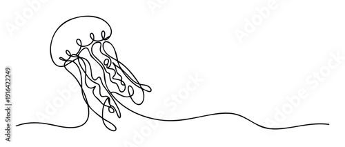 Minimalist one line drawing of a jellyfish floating gracefully underwater representing fluidity and simplicity perfect for aquatic themes ocean life education and natureinspired branding