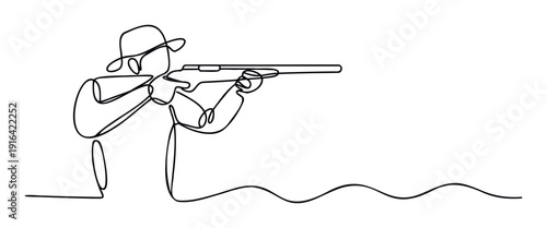 Minimalist one line drawing of a hunter aiming a rifle, depicting precision and focus for sporting and outdoor activities promotions