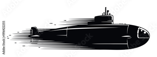 A powerful black submarine moving quickly through water, leaving speed lines and splashes, suitable for dynamic visual representations in naval themed projects or rapid transport graphics