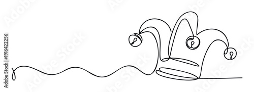 A continuous single line drawing capturing a whimsical jester hat with three classic bells for various festive and entertainment marketing materials