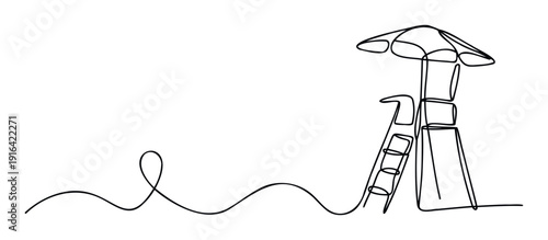 Minimalist continuous line drawing of a lifeguard chair with an umbrella, representing beach safety and summer vacation themes, perfect for travel advertisements and resort promotions.