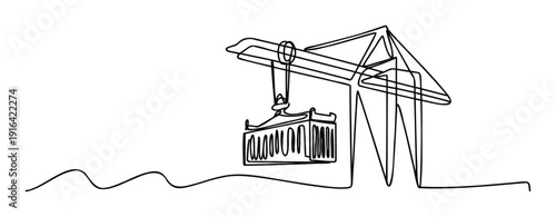 Modern continuous line drawing portraying a robust industrial port crane lifting a large shipping container, excellent for illustrating global logistics, supply chain management, and