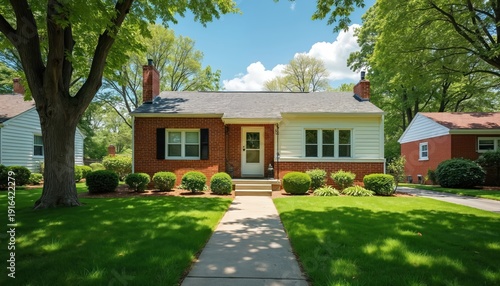 Charming 1950s brick house exterior with lush green lawn and mature tree. Suburban home features a modest front yard and clean architecture under a bright blue sky.