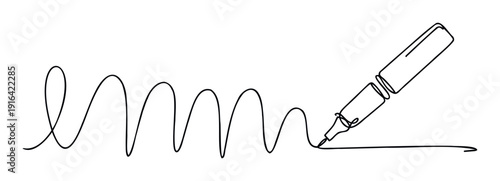 Black marker pen drawing a fluid continuous wavy and looping line across a blank surface, ideal graphic resource for educational materials, creative project presentations, and conceptual