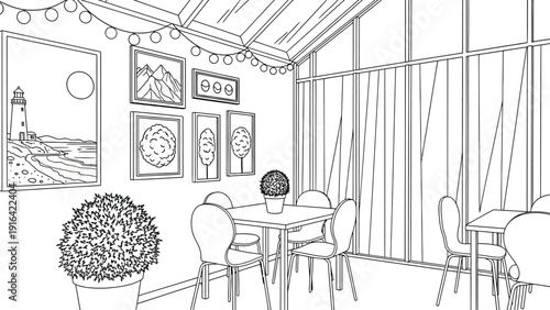 A cozy room with tables and chairs, decorated with string lights and framed art of a lighthouse and landscapes. Large windows let in natural light.