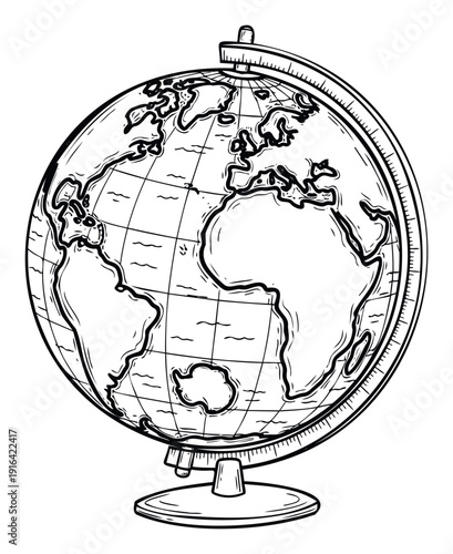 Hand drawn black and white earth globe graphic for educational materials travel concepts geography lessons and world exploration projects