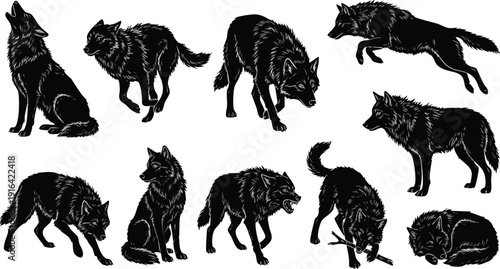 Collection of Wolf Silhouettes in Various Poses.