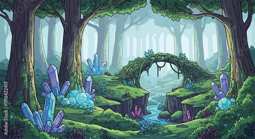 Pixel art vector illustration of a magical fantasy forest with glowing blue and purple crystals, a mossy stone bridge, and a winding river flowing through lush green foliage.