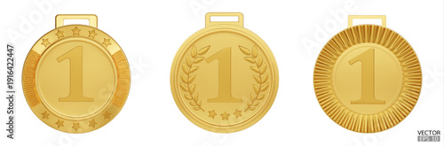 Set of 3d Gold medal isoleted on white background. First placement winner trophy prize, Golden medal trophy. 3D vector illustration.