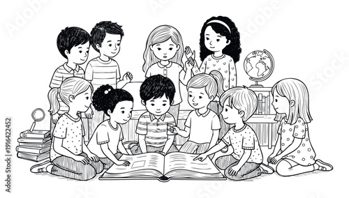 Happy children sitting on the floor together, actively engaged in reading a large open book, perfect for educational materials emphasizing literacy, friendship, and cooperative learning