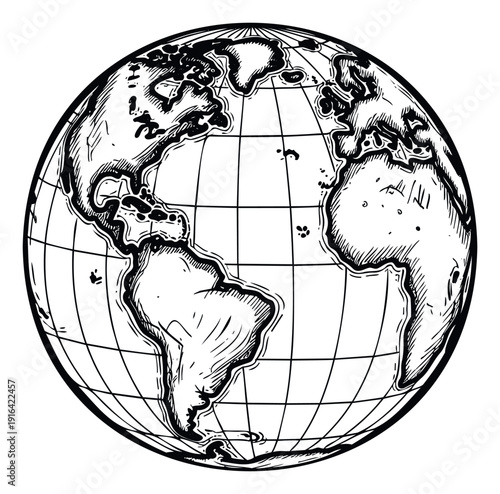 Handdrawn style illustration of planet Earth featuring North and South America and Africa on a spherical grid, perfect for educational materials, environmental awareness campaigns, or