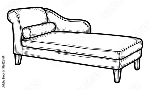 Elegant black and white line drawing of a luxurious chaise lounge featuring a plush bolster pillow, perfect for interior design concepts or furniture catalog layouts.