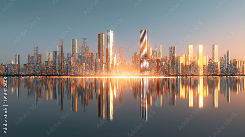 Obraz premium A futuristic glowing glass city skyline at sunrise with glowing reflections