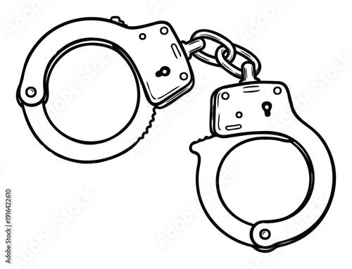 Metal handcuffs representing law enforcement, security, and justice are ideal for criminal justice education, legal service promotions, or crime drama visuals.