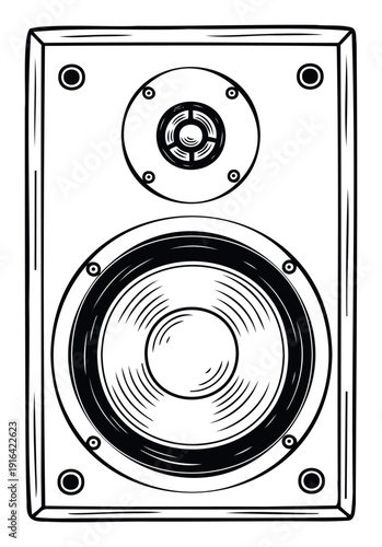 Monochrome hand drawn graphic of a professional sound speaker system featuring a woofer and tweeter, ideal for album covers and audio technology media.