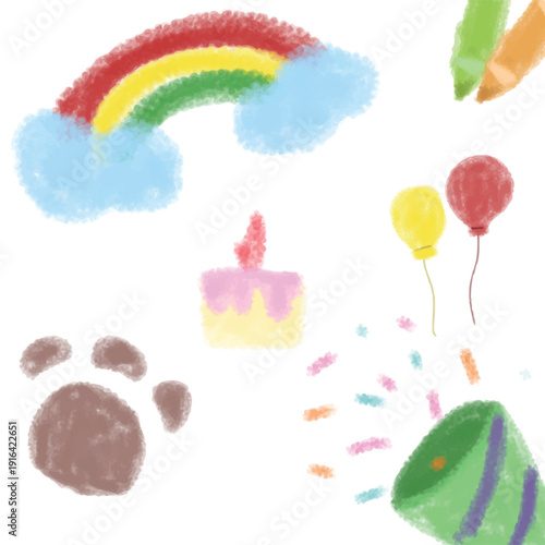 Crayon drawing elements set with rainbow and clouds. Colorful kids hand drawn doodle of birthday cake and balloons. Cute childhood art illustration on white background.