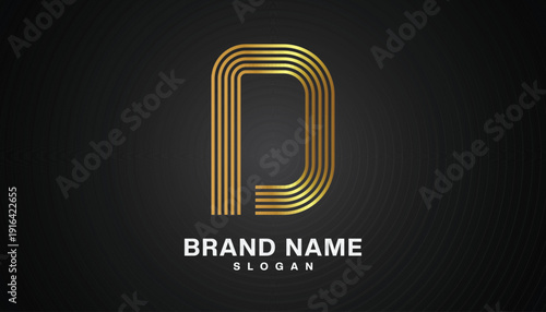 Vector logo of the initial letter D which has a unique and cool shape in gold with a cool black background.