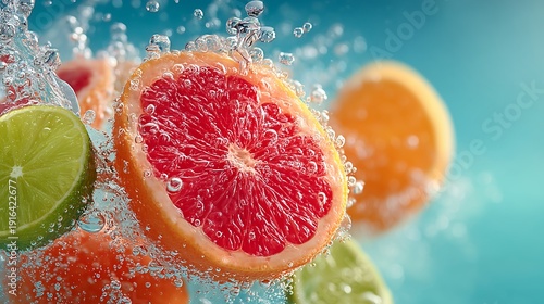 水滴と泡が弾けるフレッシュなグレープフルーツとライム