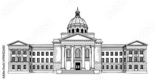 Black and white line art drawing of a majestic classical government building with a large central dome and symmetrical wings, ideal for historical presentations, architectural studies, or