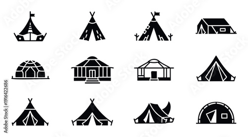 Collection of black silhouette icons depicting various camping tents, tipis, yurts, and igloos perfect for outdoor adventure websites, travel applications, and educational graphic design