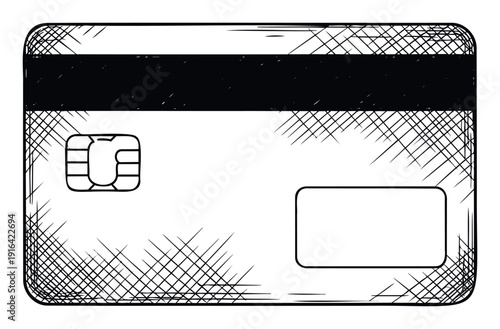 Handdrawn sketch style credit card with magnetic stripe and EMV chip provides a versatile graphic for financial technology presentations, personal banking articles, and secure transaction